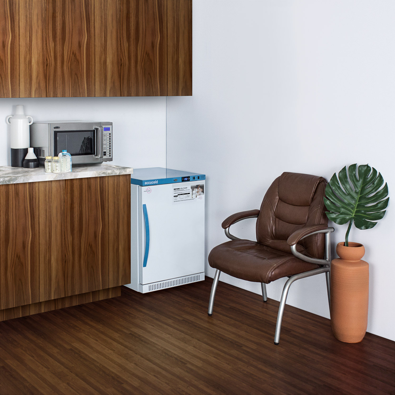 Purpose-built ADA height all-refrigerator for breast milk storage with 4 adjustable shelves, antimicrobial silver-ion handle, and hospital grade cord with 'green dot' plug